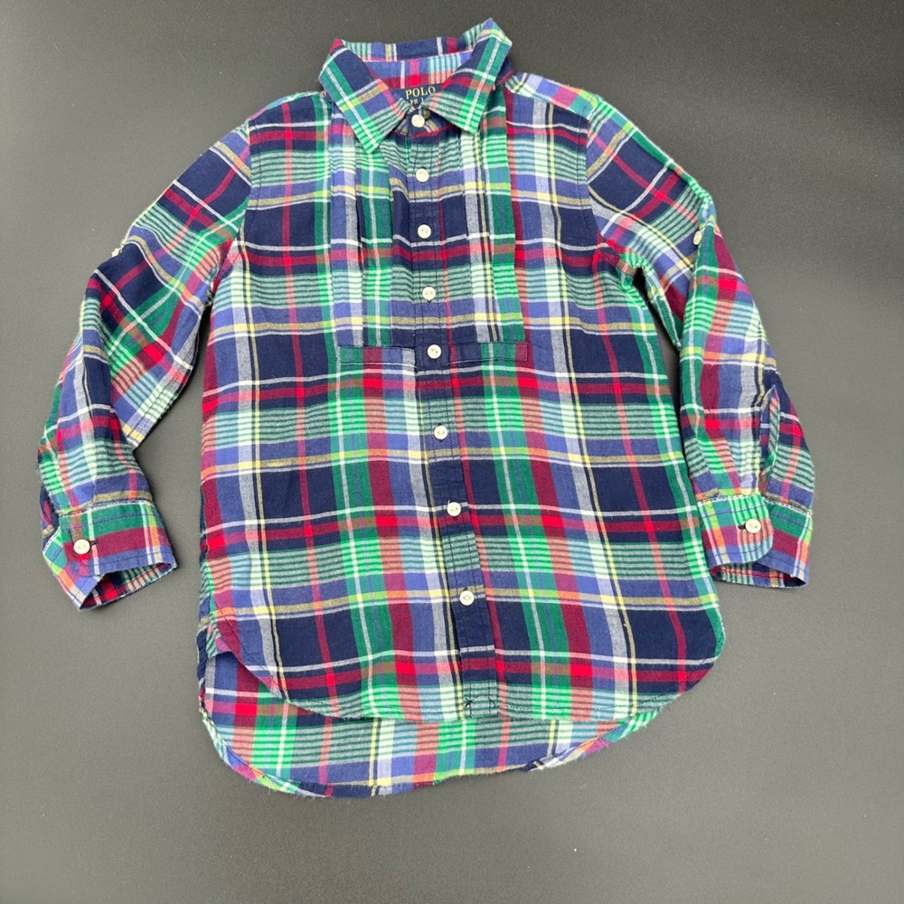 Polo Ralph‎ Lauren Plaid Shirt Long Sleeve Girls 4T Blue Green Red Yellow